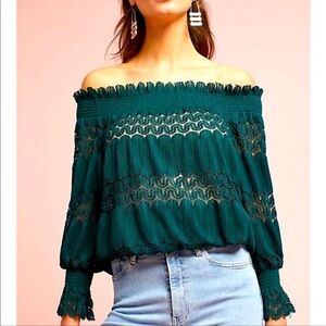 Anthropologie Black Off Shoulders Lace Top Banded Hem